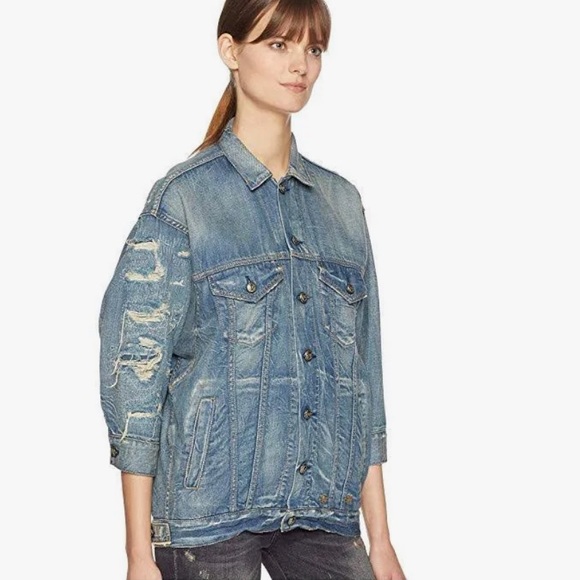 R13 | Distressed Denim Trucker Jean Oversized Jacket - Picture 3 of 14